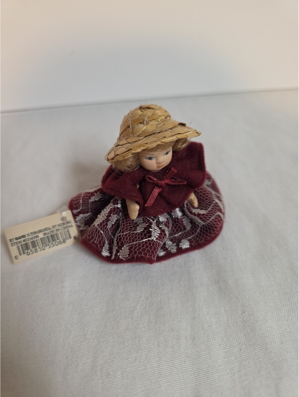 Vintage Ganz 1990 Porcelain Doll 2" ED4398 Miniature Straw Hat Red Lace Dress